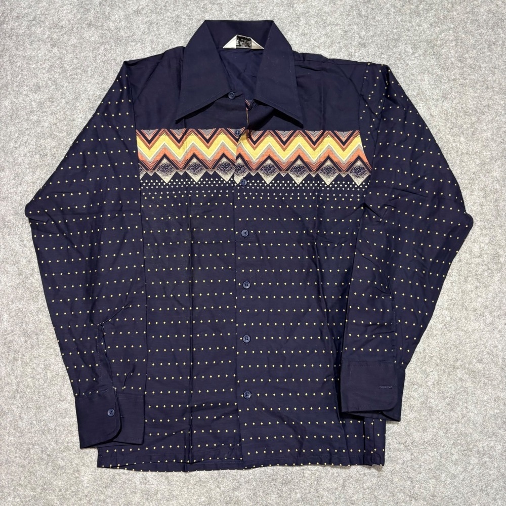 Vintage 70s Kmart Mens Navy Blue Chevron Zig Zag Diamond Print Button Up Shirt S